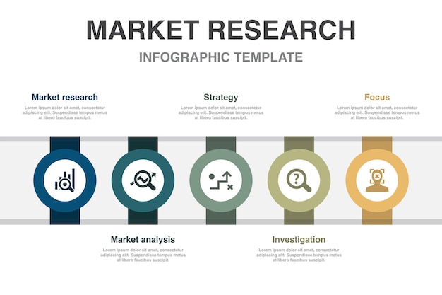 Market research market analysis strategy investigation focus icons Infographic design template Creative concept with 5 steps