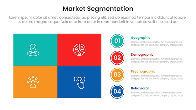 market segmentation framework analysis infographic 4 point stage template with matrix structure big union square shape and circle point stack for slide presentation