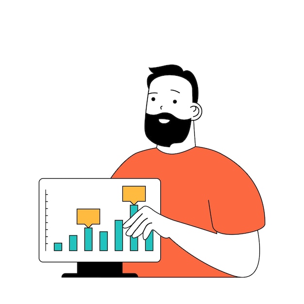 Marketing and development concept with cartoon people in flat design for web Man making data analytics and market research on chart Vector illustration for social media banner marketing material