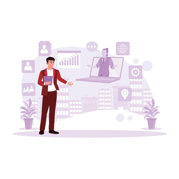 Marketing business manager standing and consulting online with colleagues Analyze