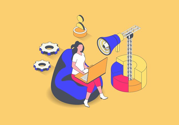 Marketing concept in 3d isometric design Woman promoting business online making digital advertising and communicating with clients Vector illustration with isometry people scene for web graphic