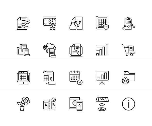 Marketing icons. Set of twenty line icons. Diagram, data, report. 
