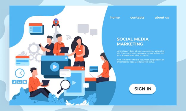 Marketing landing page. SEO and business analytic concept with cartoon characters, web page design template. Vector illustrations modern banner creative corporate agency