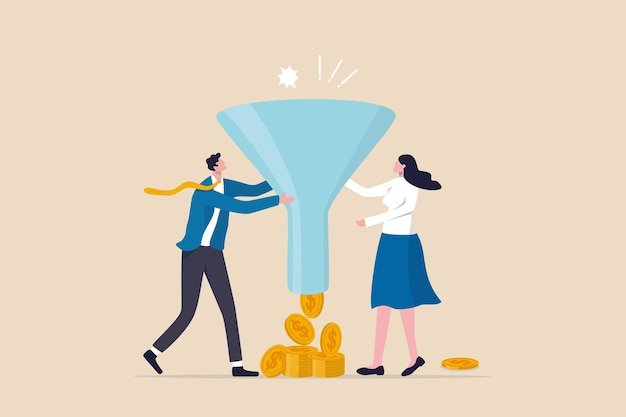 Marketing or sale funnel, conversion rate or customer buying product from advertising campaign, online ads or purchase rate concept, business people marketer holding funnel with flow of purchase money