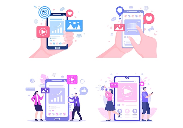 Marknadsföring i sociala medier, platt illustration