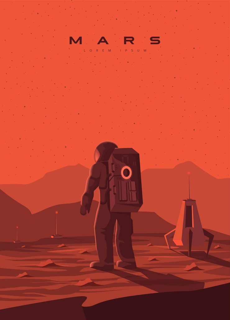 Vektör mars illustration. martian landscape, astronaut lands on the planet. colonization, red aggressive, warlike planet mars.