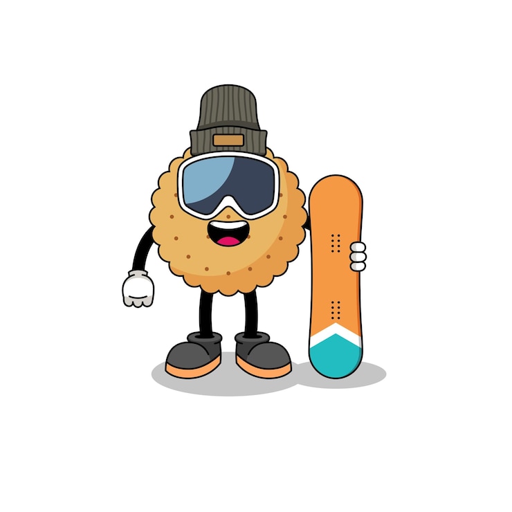 Vektör mascot cartoon of biscuit round snowboard player character design