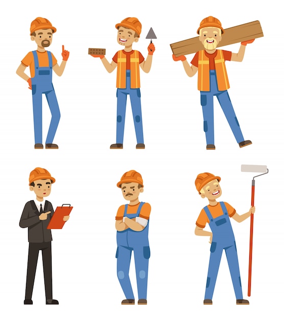Mascot design of builders in different action poses