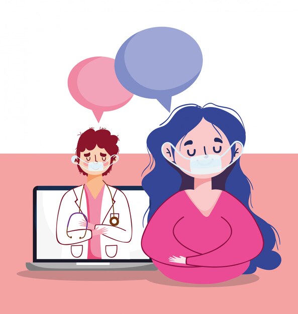 Maskeli kadın erkek doktor ve dizüstü bilgisayar