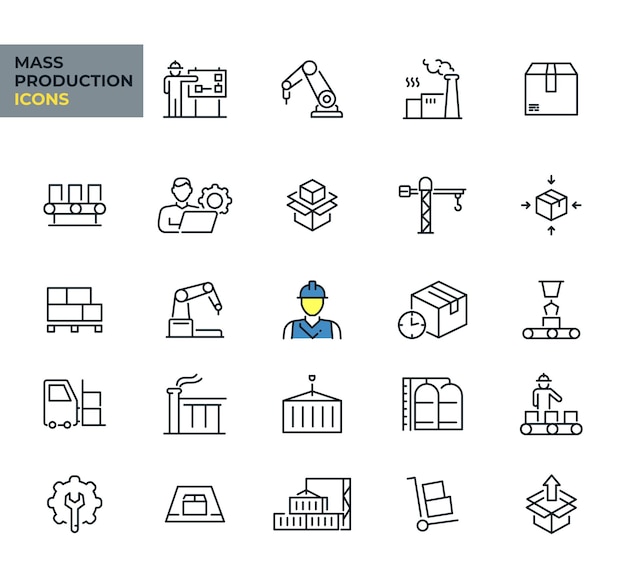 Mass Production web icons line style Collection automation workflow robot productive industrial