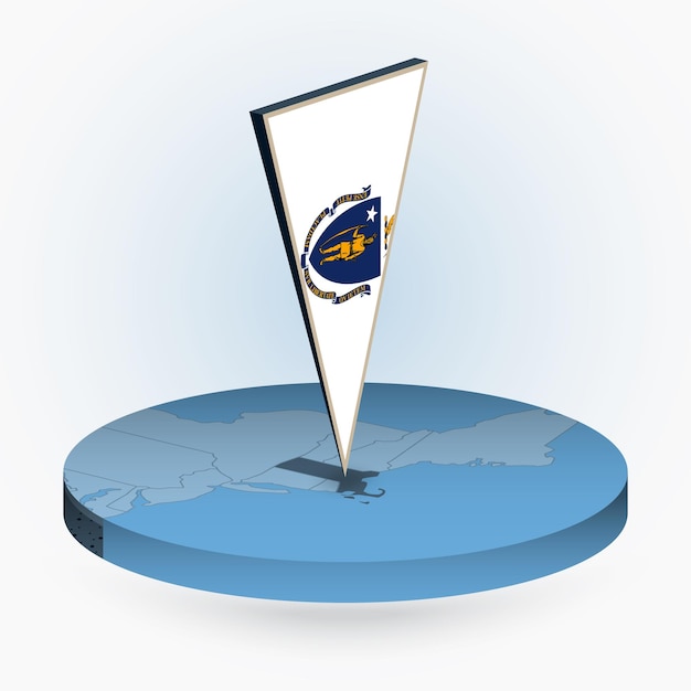 massachusetts map in round isometric style with triangular 3d flag of us state massachusetts