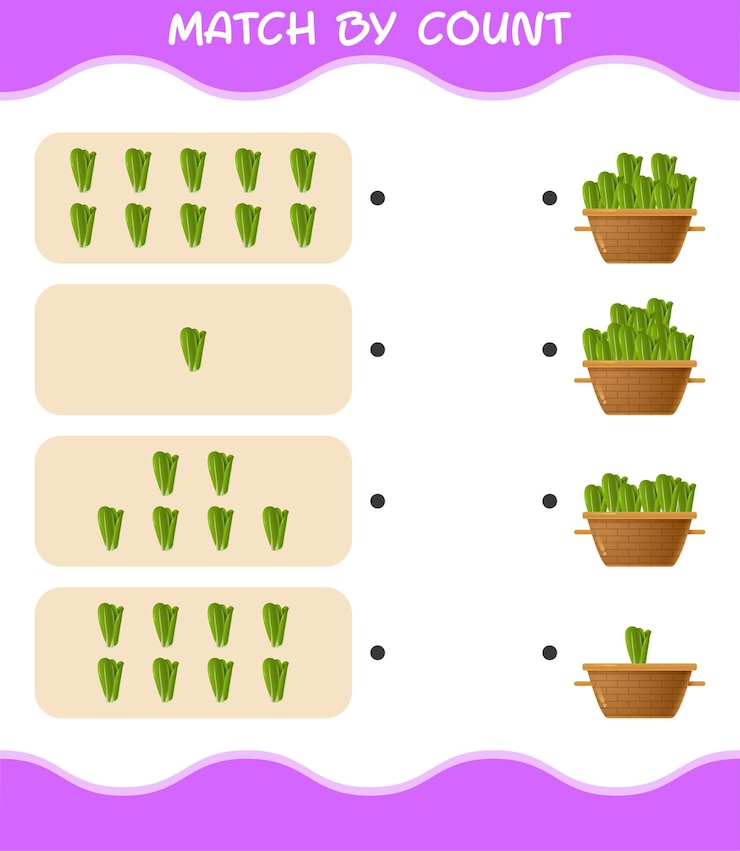 Vektor match by count of cartoon lettuce. match and count game. educational game for pre shool years kids and toddlers