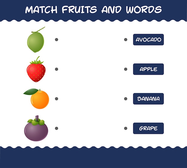 Match cartoon fruits and words. Matching game. Educational game for pre shool years kids and toddlers