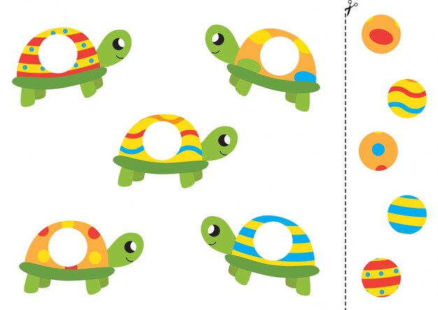 Match parts of cute cartoon turtles. Funny worksheet for preschool children.