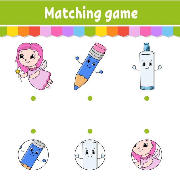 Matching game for kids Education developing worksheet Draw a line Activity page cartoon character Vector illustration