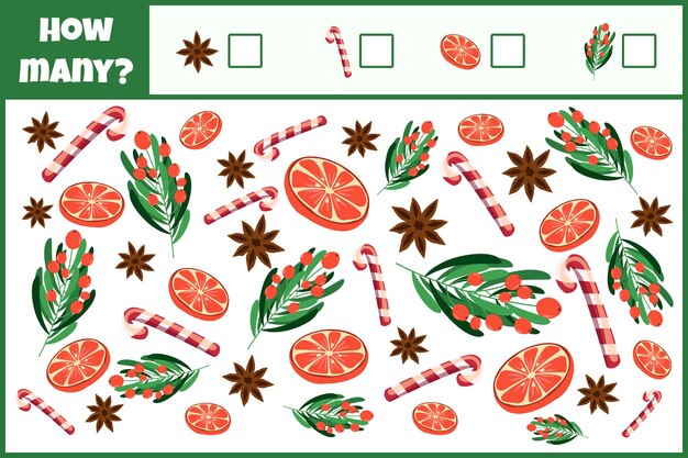 Matematisk pædagogisk spil. Tæl antallet af juledekorationer.