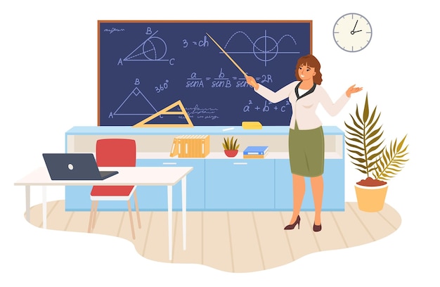 Math teacher standing at blackboard explaining subject in classroom