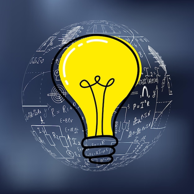 Mathematical equations and formulas around the light bulb on gray background vector Science