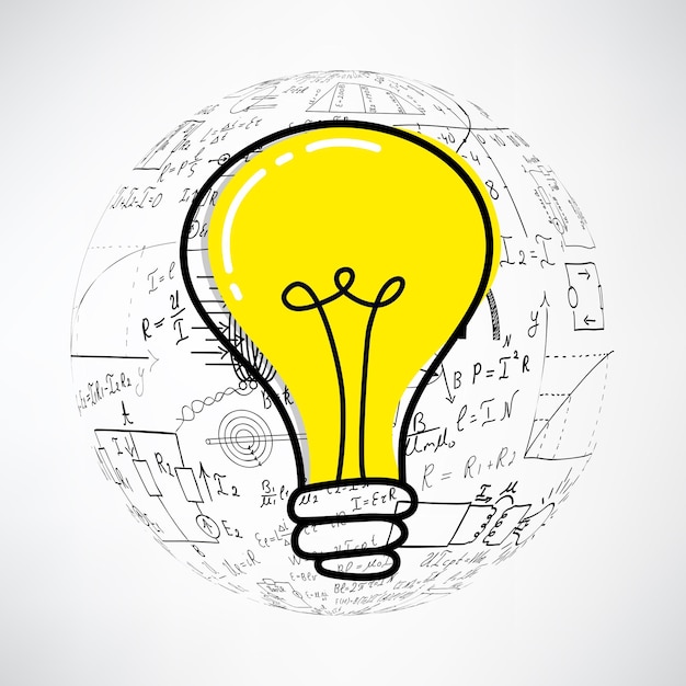 Mathematical equations and formulas around the light bulb on gray background vector Science