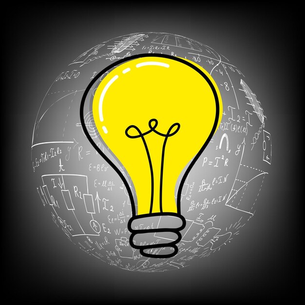 Mathematical equations and formulas around the light bulb on gray background vector Science