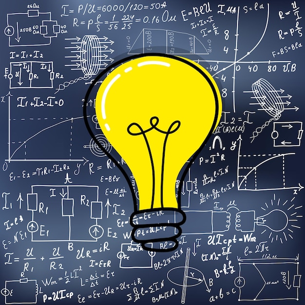 Mathematical equations and formulas around the light bulb on gray background vector Science