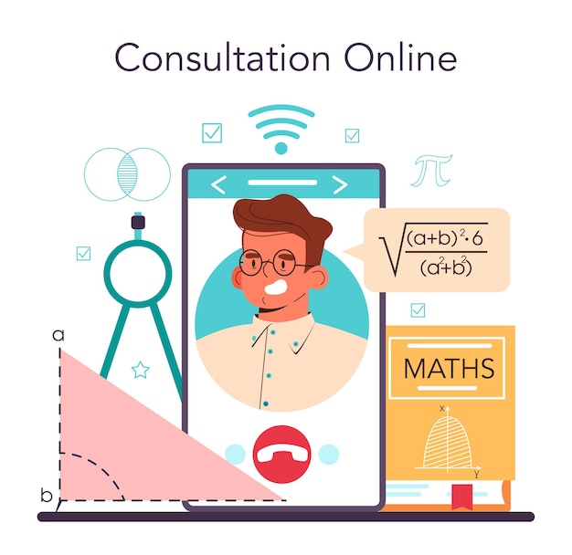 Mathematician online service or platform. Mathematician use formulas and diagrams to research and formulate new calculation. Online consultation. Vector flat illustration