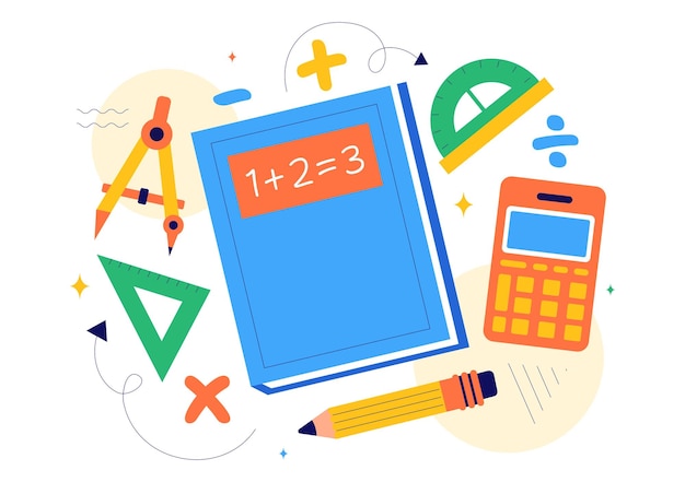 Mathematics Learning Vector Illustration Featuring School Supplies or Stationery with Mathematical Equations Formulas and Symbols in a Background