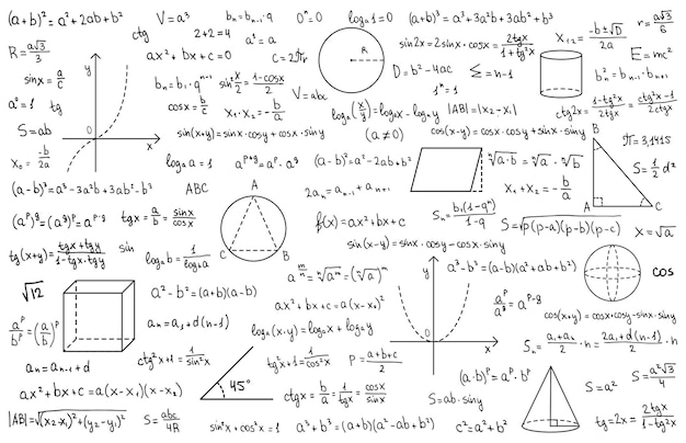 Mathematics theory and mathematical formula Handwritten symbols isolated on white background with hand drawn formulas used for school education and paperwork Vector illustration