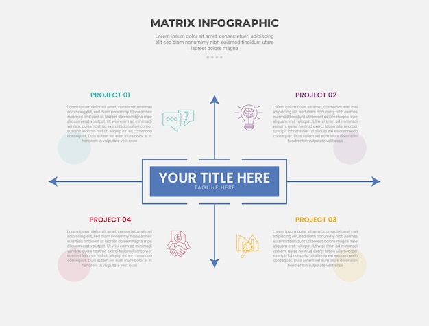 matrix grid structure infographic outline style with 4 point template with sharp rectangle container box with arrow spreading direction for slide presentation