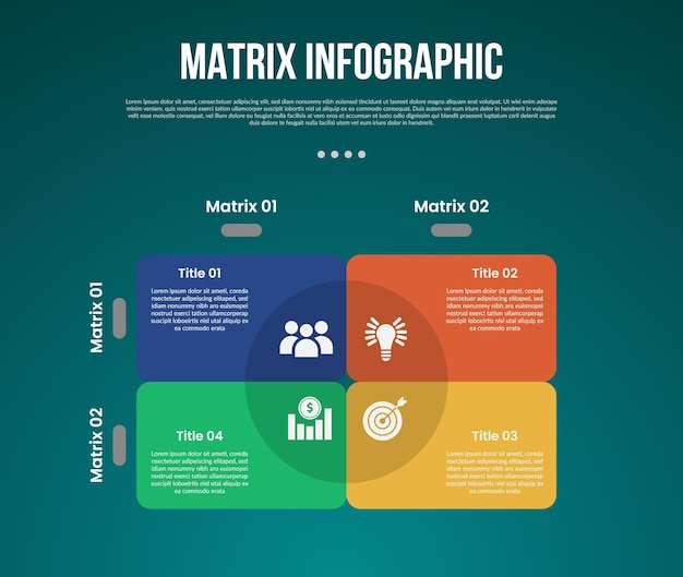 matrix structure dimensions template infographic with round box structure with circle shadow center with 4x4 dimension with dark style for slide presentation