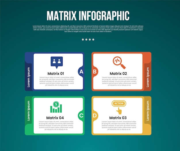 matrix structure dimensions template infographic with round box with line container with 4 point with dark style for slide presentation