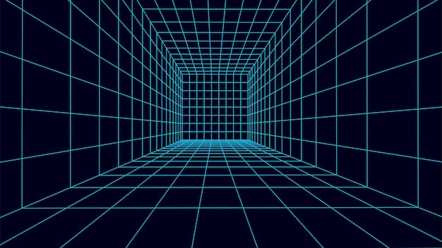 Mavi arka plan üzerinde 3D wireframe oda beyazı Soyut perspektif ızgara Vektör illüstrasyonu