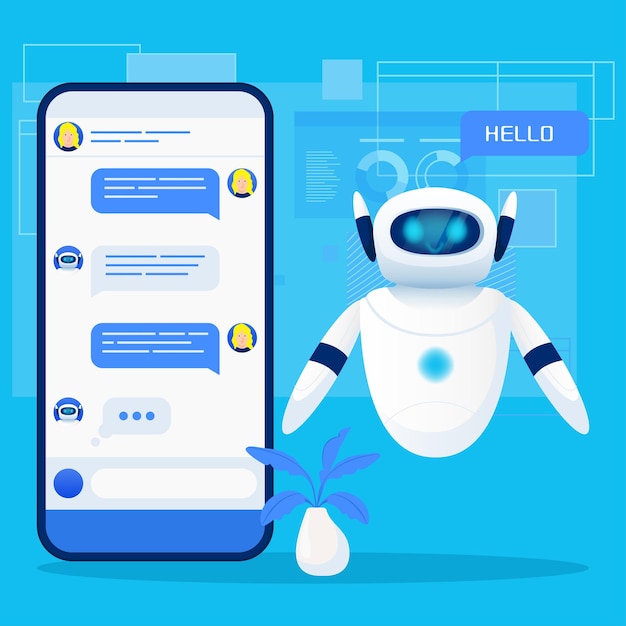 mavi arka planda akıllı telefonlu şirin sohbet robotu, sohbet robotu, karakter maskotu