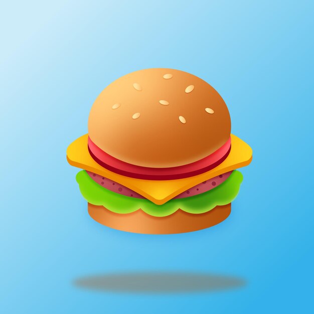 Mavi bir arka planda, yakından çekimde gölgeleri olan susam tohumlu hamburger, vektör çizimi