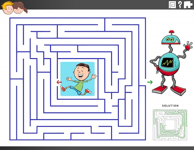 Maze educational game with boy and toy robot