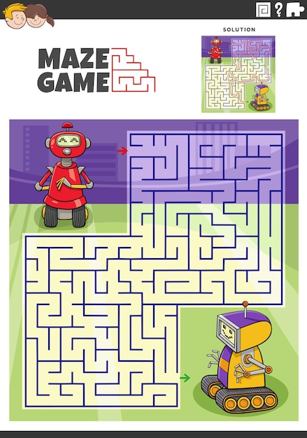 Maze game with cartoon robots or droids characters