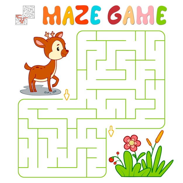 Maze puzzle game for children. Maze or labyrinth game with deer. Vector illustrations