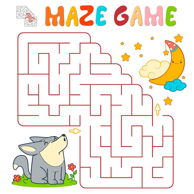Maze puzzle game for children. Maze or labyrinth game with wolf. Vector illustrations