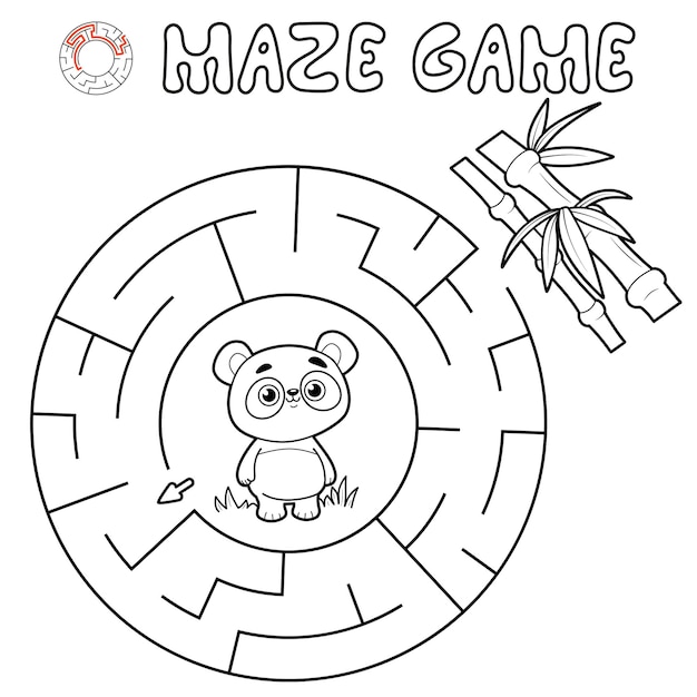 maze puzzle game for children. outline circle maze or labyrinth game with panda.