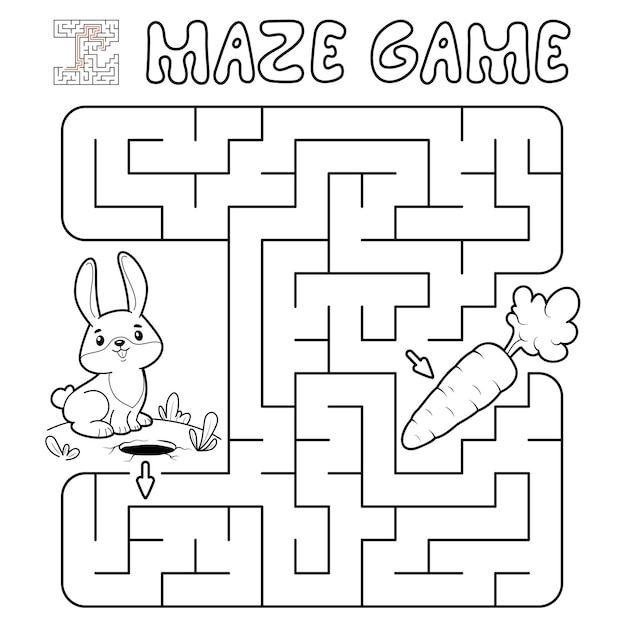 maze puzzle game for children. outline maze or labyrinth game with rabbit. illustrations