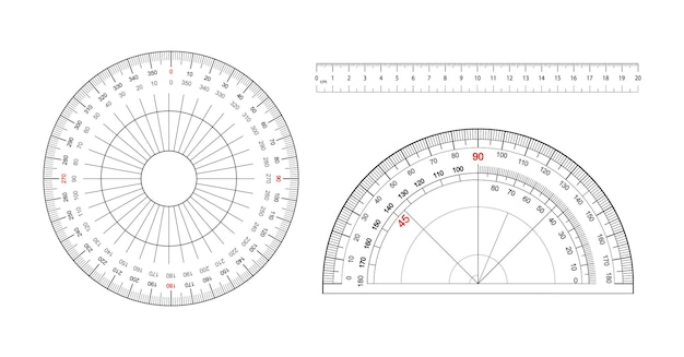 Measuring tool set with round protractors scale and degrees measure metric rulers