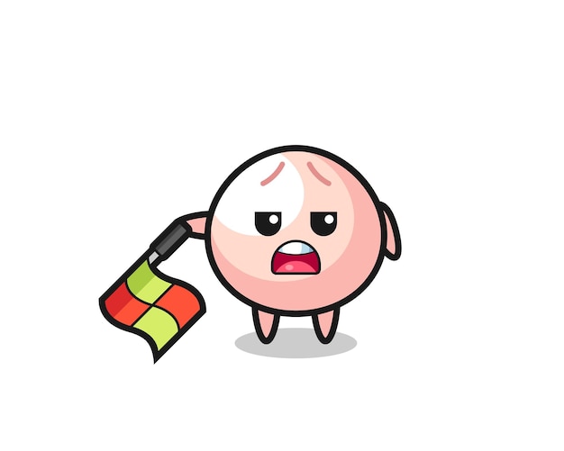 Meatbun character as line judge hold the flag down at a 45 degree angle