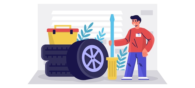mechanic holding screwdriver and ready to fix machines in workshop car repair wheel replacement