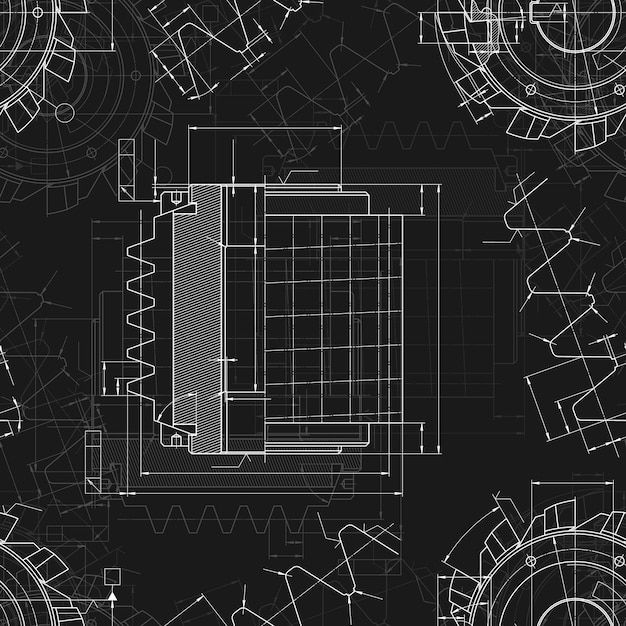 mechanical engineering drawings on black background cutting tools milling cutter technical design cover blueprint seamless pattern vector illustration