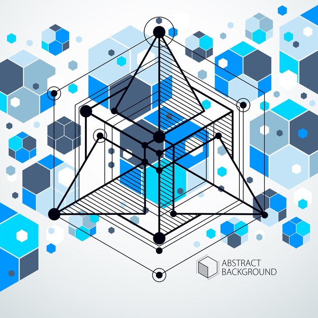 Mechanical scheme, blue vector engineering drawing with 3D cubes and geometric elements. Engineering technological wallpaper made with honeycombs.