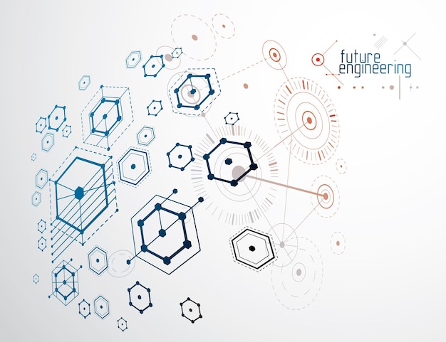 mechanical scheme, vector engineering drawing with circles and hexagons. technical plan can be used in web design and as wallpaper or background.