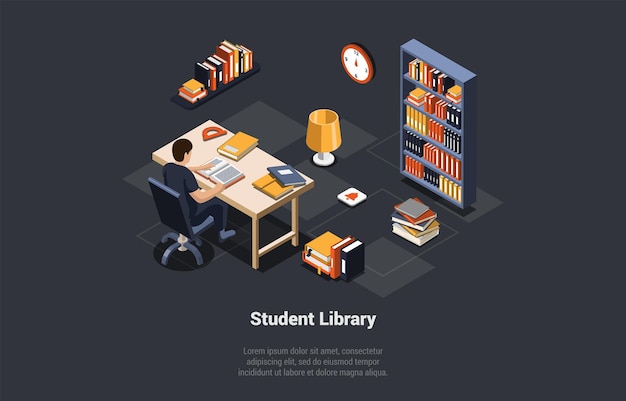 Media Book Library Concept Male Character Student At Desk Is Reading Book Or Doing Homework Modern Digital Library Interior With Bookcase Books And Lamp Isometric 3d Cartoon Vector Illustration