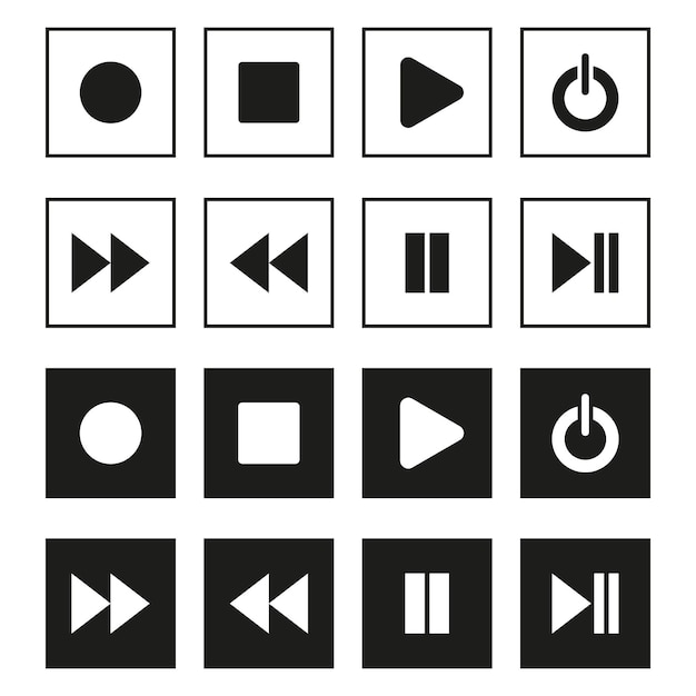 Media control icons Play pause stop forward backward Power symbols