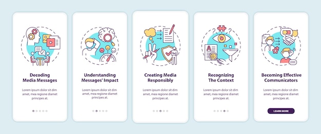 Media literacy elements onboarding mobile app page screen illustration
