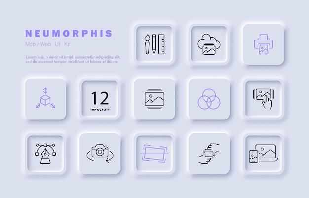 Media set icon Printer photo filters correction frames cropping effects art brush etc Photography concept Neomorphism style Vector line icon for Business and Advertising